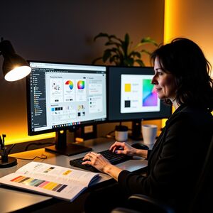 Claude Design im Test – Nicole Angela Buck an ihrem Arbeitsplatz mit KI-Design-Tool